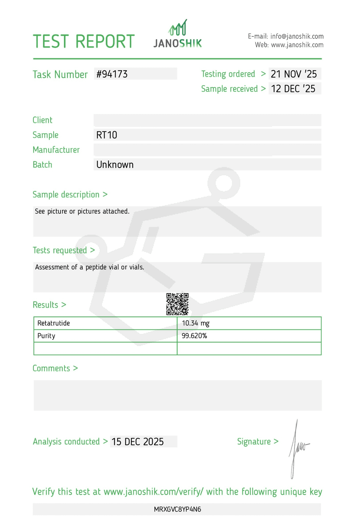 Test report from Janoshik detailing task number #94173, including sample RT10, test results for Retatrutide at 10.34 mg with a purity of 99.620%, and analysis conducted on December 15, 2025.