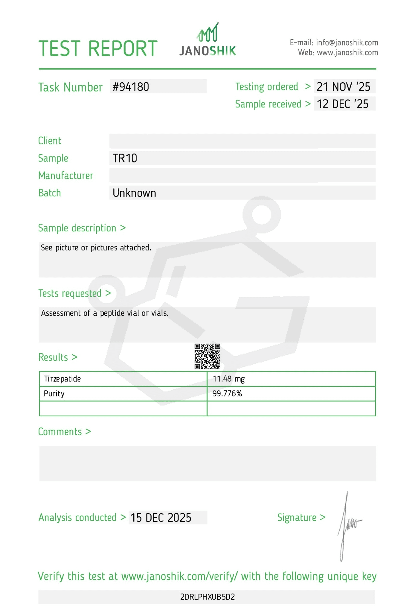 Test report from Janosik detailing the analysis of a sample identified as TR10. The report includes task number, testing dates, sample description, and results showing the quantity of Tirzepatide and its purity.